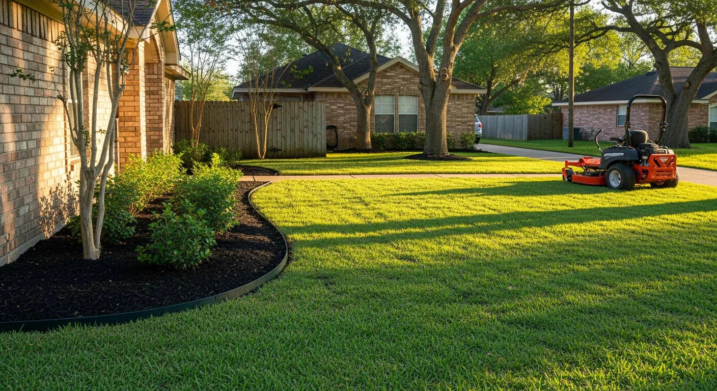Well-maintained residential lawn with trimmed edges and mulched flower beds