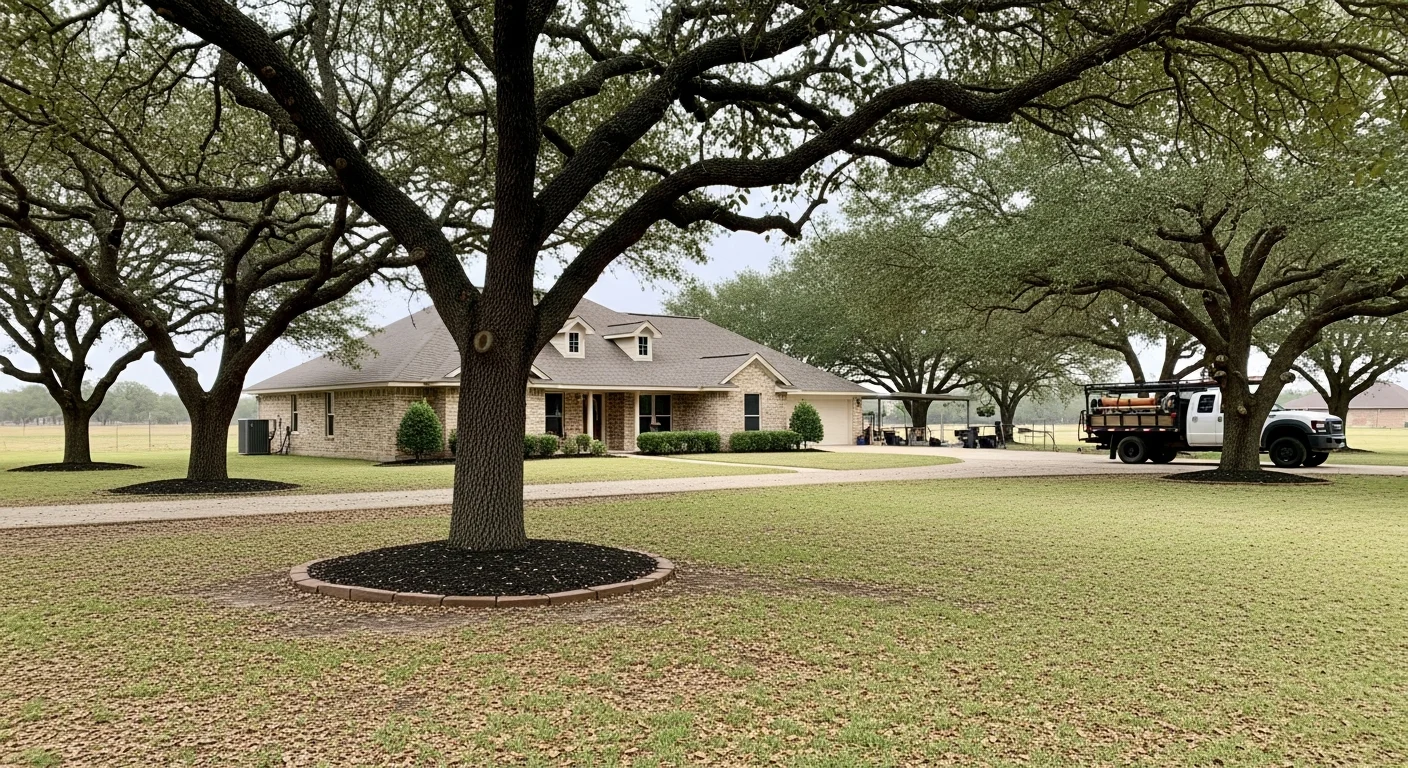 Residential home in rural Chambers County with mature trees and open property, typical of Devers area landscape.