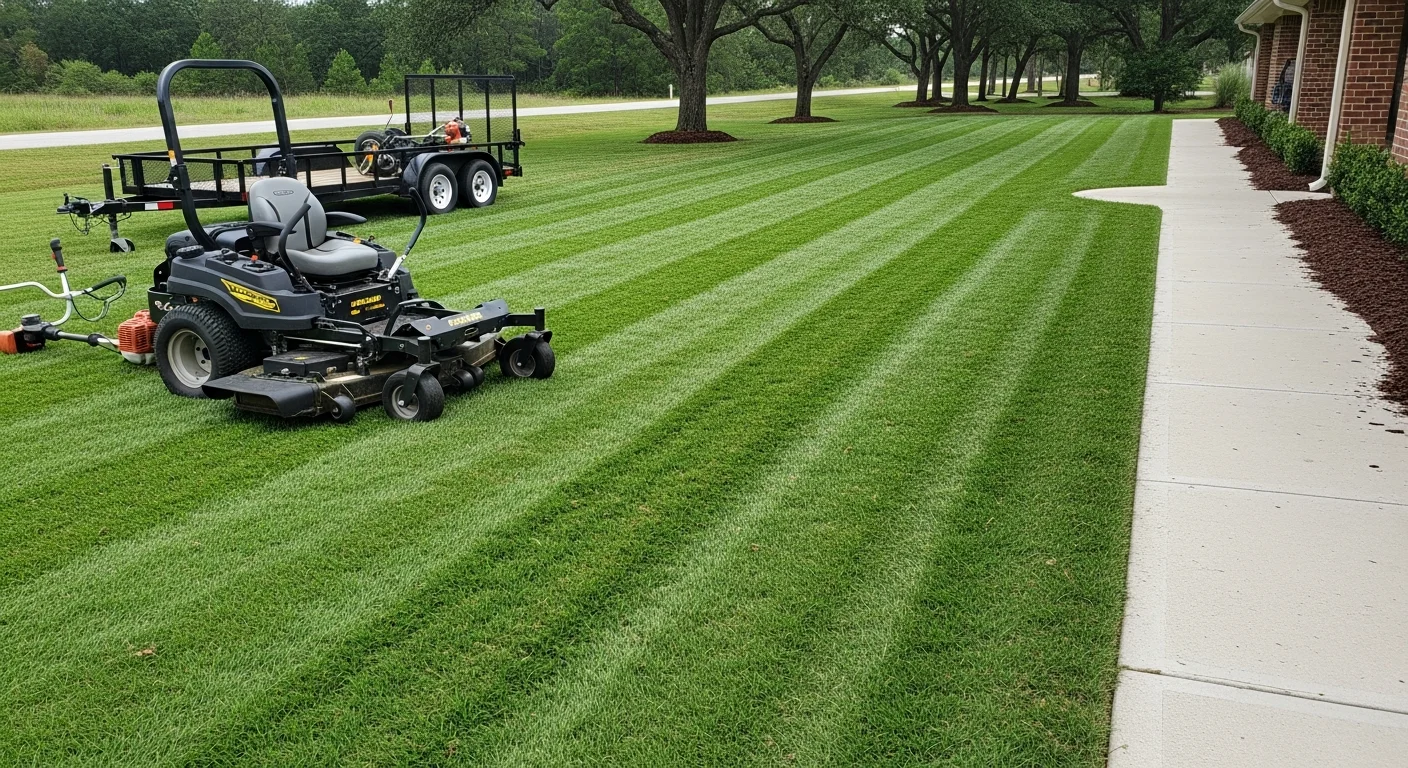 A neatly mowed and edged commercial property lawn in Devers, TX, with clean turf lines along a parking area and trimmed grass borders under a clear Liberty County sky.