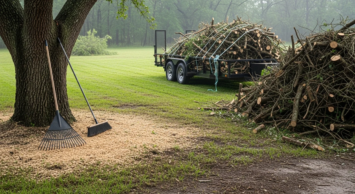 A cleared residential yard in Devers, Texas with removed brush piles and fallen branches hauled away, leaving a clean and open lawn. An All American Lawn Pros crew works in the background loading yard debris onto a truck.