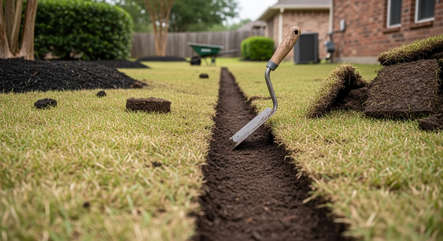 A Devers, Texas residential front yard showing freshly cut flower bed borders with clean, defined edges separating a planted bed from the surrounding lawn. The border lines run along the front of the home, with trimmed turf on one side and a mulched planting area on the other.