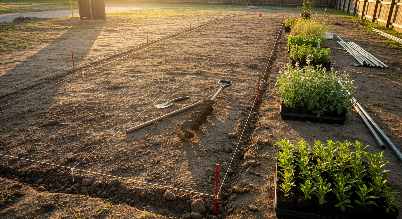 A professionally designed residential garden in Devers, TX, featuring structured planting beds with layered shrubs and ground cover along a home's front yard. The layout shows defined borders and mulched beds suited to Southeast Texas growing conditions.