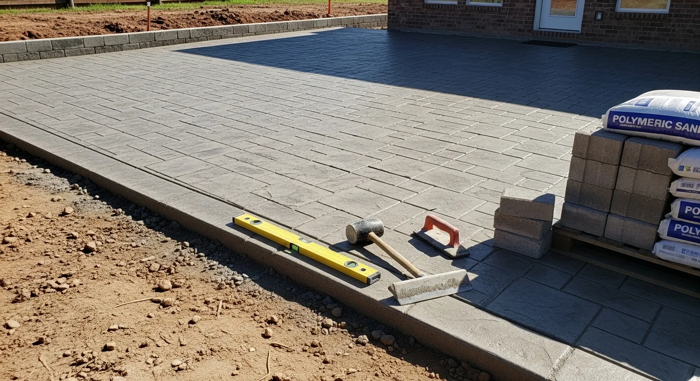 A finished stone patio and walkway installed by All American Lawn Pros at a residential property in Devers, TX. The hardscape features clean-edged pavers set against a flat Liberty County lot with a grassy lawn border.