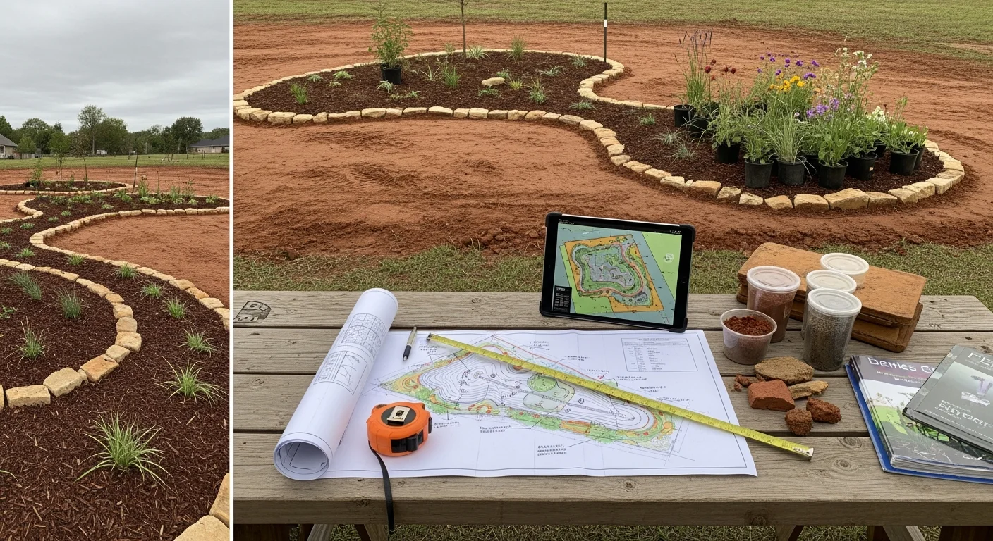 A freshly designed residential front yard in Devers, TX featuring defined planting beds, low-maintenance ground cover, and clean lawn edging suited to Southeast Texas conditions. The layout shows clear separation between turf, mulched beds, and a gravel border along a single-story home.