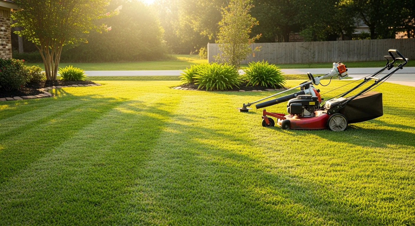 A neatly mowed residential lawn in Devers, TX with clean-cut edges along a concrete driveway and trimmed grass borders. The yard shows even turf height consistent with warm-season grass maintenance in Southeast Texas.