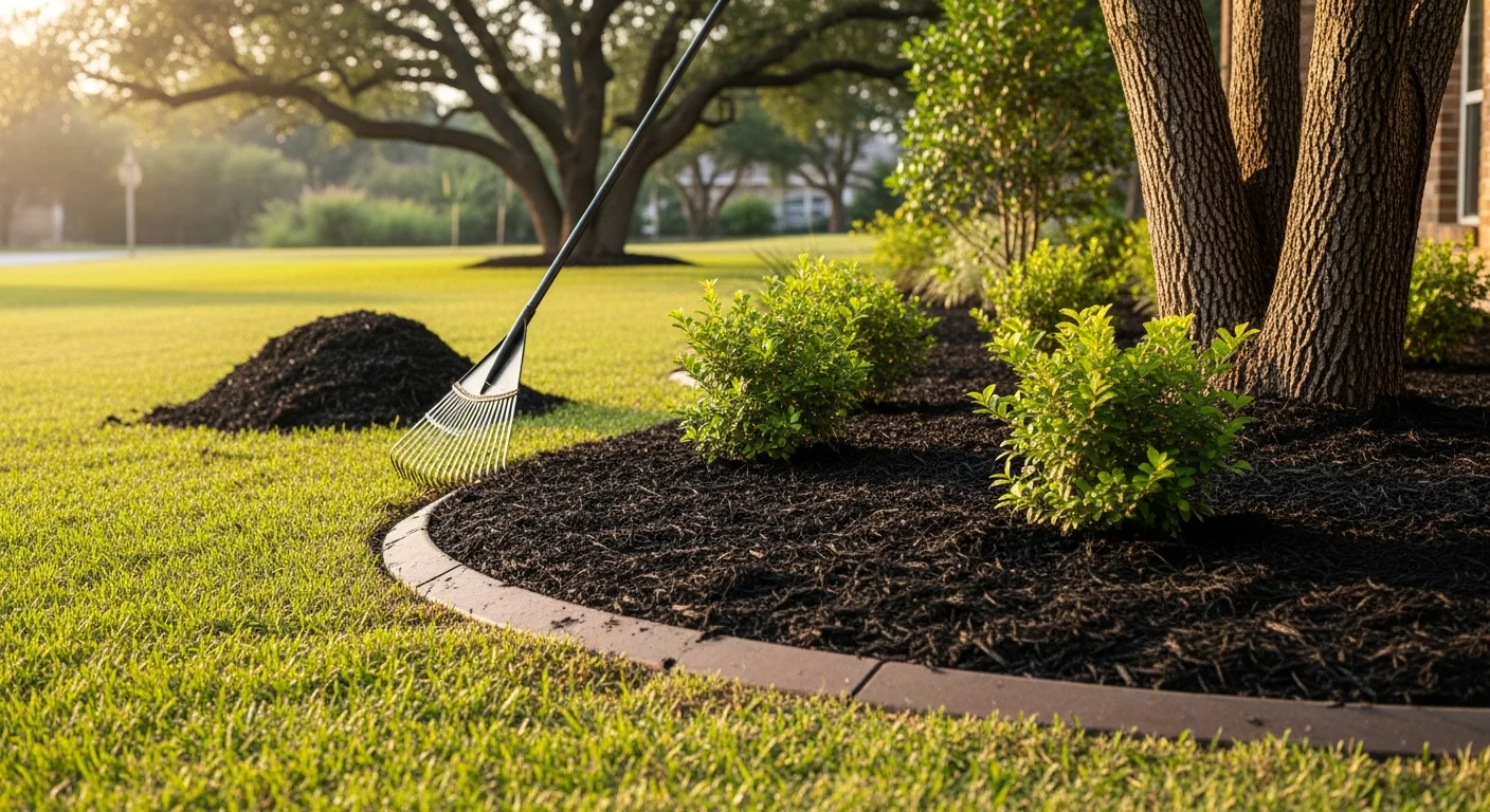 Freshly applied mulch covering a flower bed and tree ring at a residential property in Devers, Texas. Beds are clean and evenly layered with no exposed soil visible around the plants.