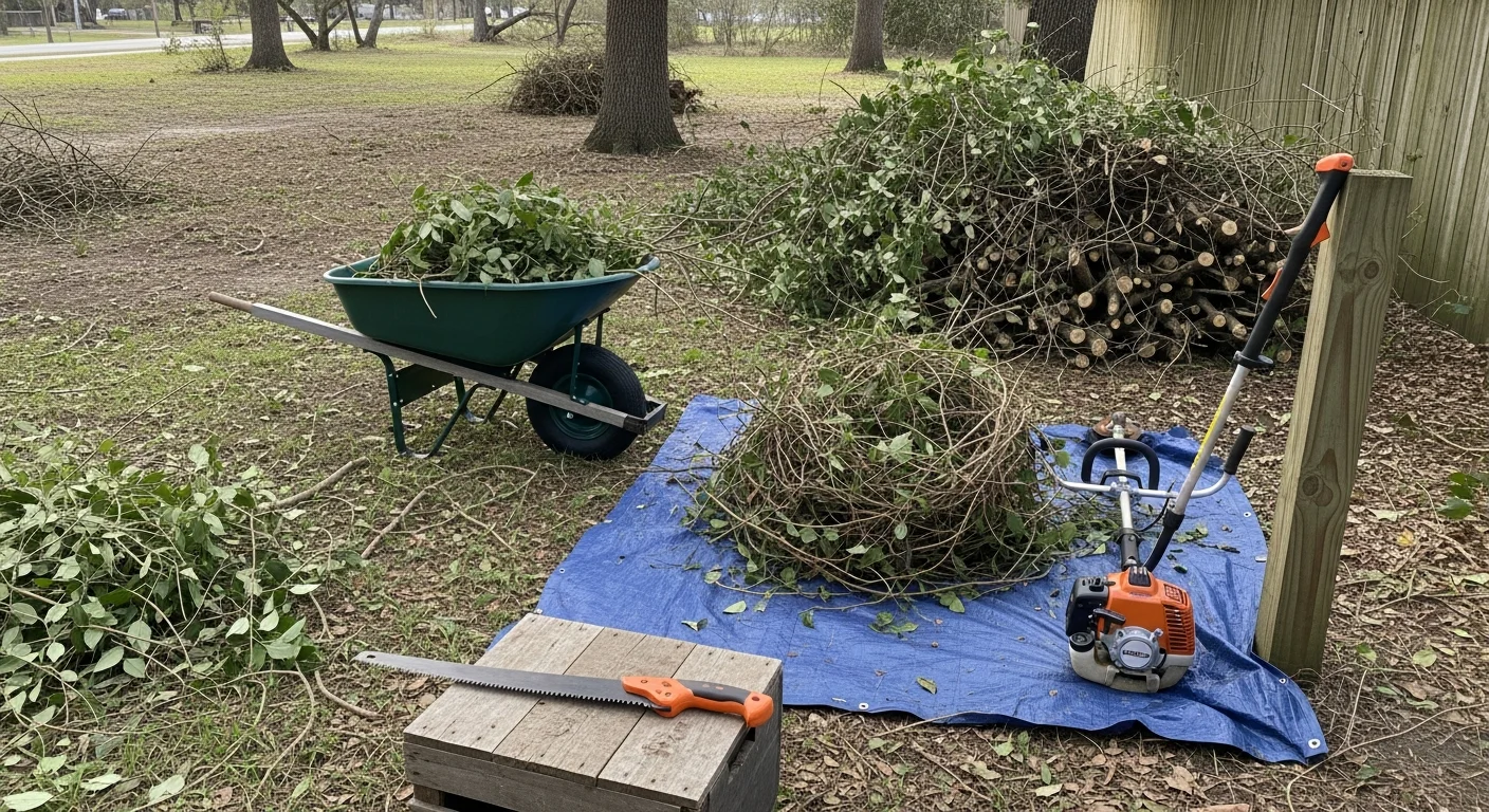 A Devers, TX residential yard after overgrowth cleanup, showing cleared ground cover, cut-back brush along a fence line, and open lawn space. Liberty County property with removed vines and debris, ready for regular lawn maintenance.