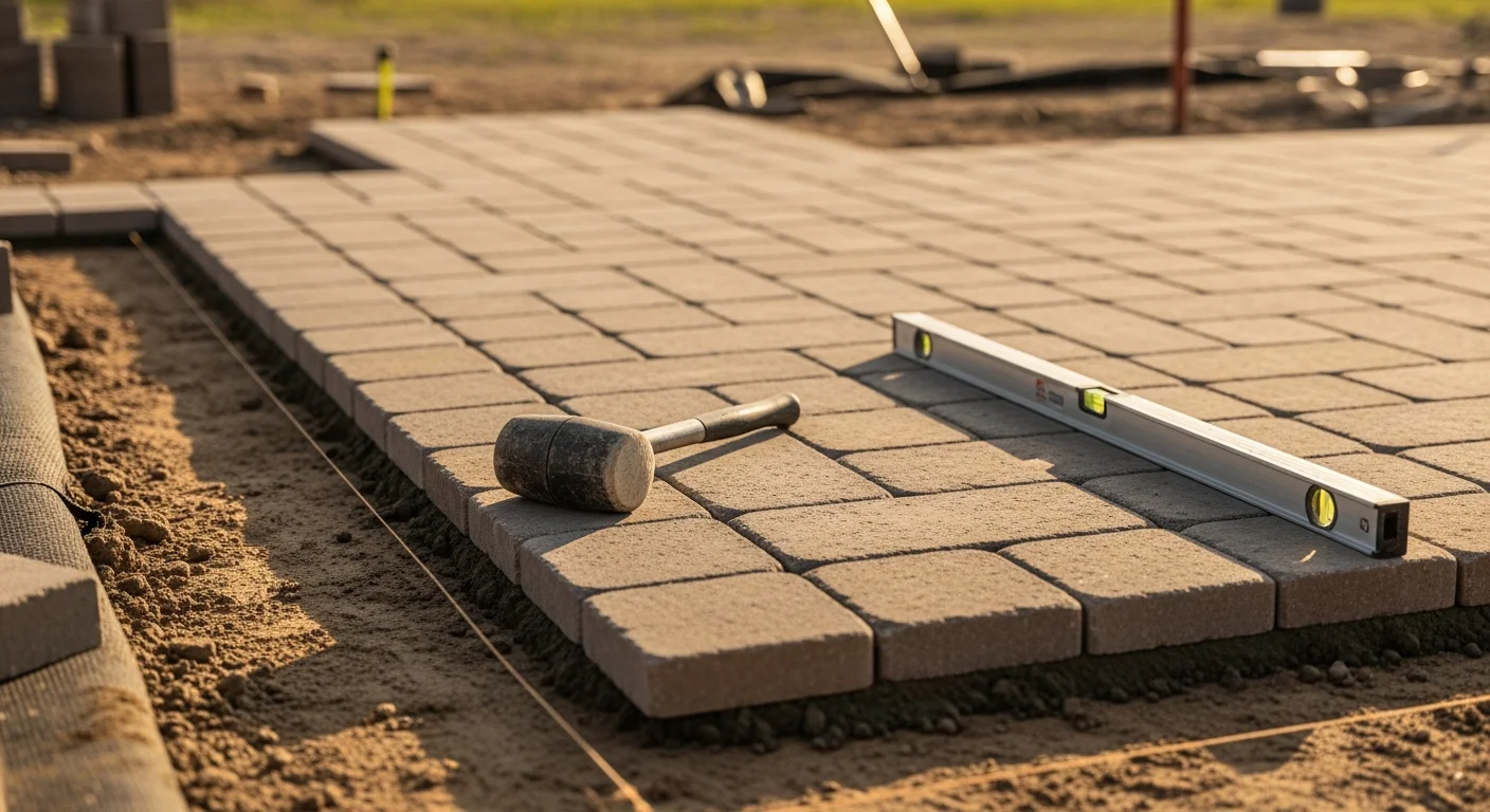 Newly installed paver patio behind a single-family home in Devers, Texas, with clean joint lines and a level surface set on a compacted base. The surrounding yard reflects the flat, open landscape typical of Liberty County's coastal prairie.