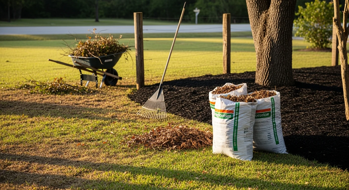 A cleared residential yard in Devers, TX with removed leaf litter, cut-back overgrown beds, and hauled debris after a full property cleanup service. The lawn is open and free of branches, weeds, and accumulated yard waste.