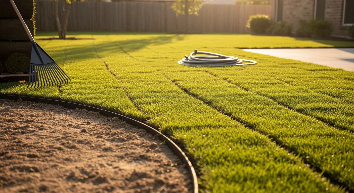 A freshly installed sod lawn at a Devers, TX residential property, showing tight green turf rows laid across a graded yard with a home visible in the background. All American Lawn Pros landscaping crew equipment is staged at the edge of the newly sodded area.