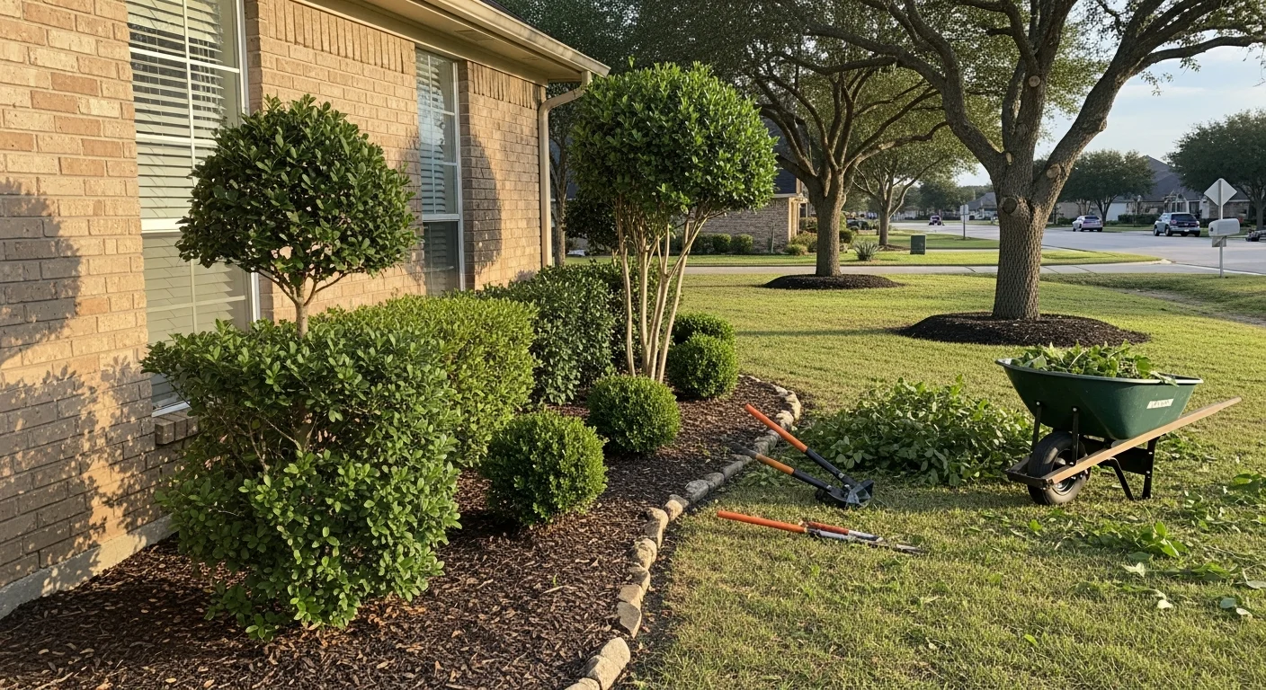A neatly pruned tree and trimmed shrubs in the front yard of a single-family home in Devers, Texas. Clean cut lines and an open canopy show the result of professional trimming and pruning work.